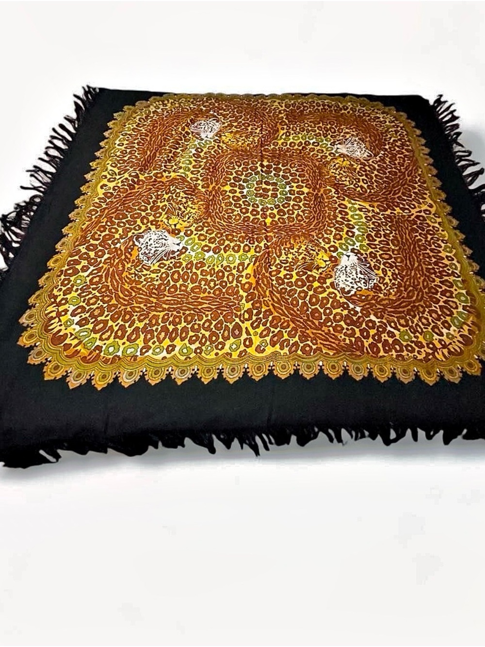 Vtg Pavlovo Posad 100% Wool "Leopards" Shawl Oversized Fringe 57x57